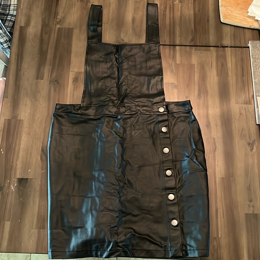Faux leather mini bib overall dress